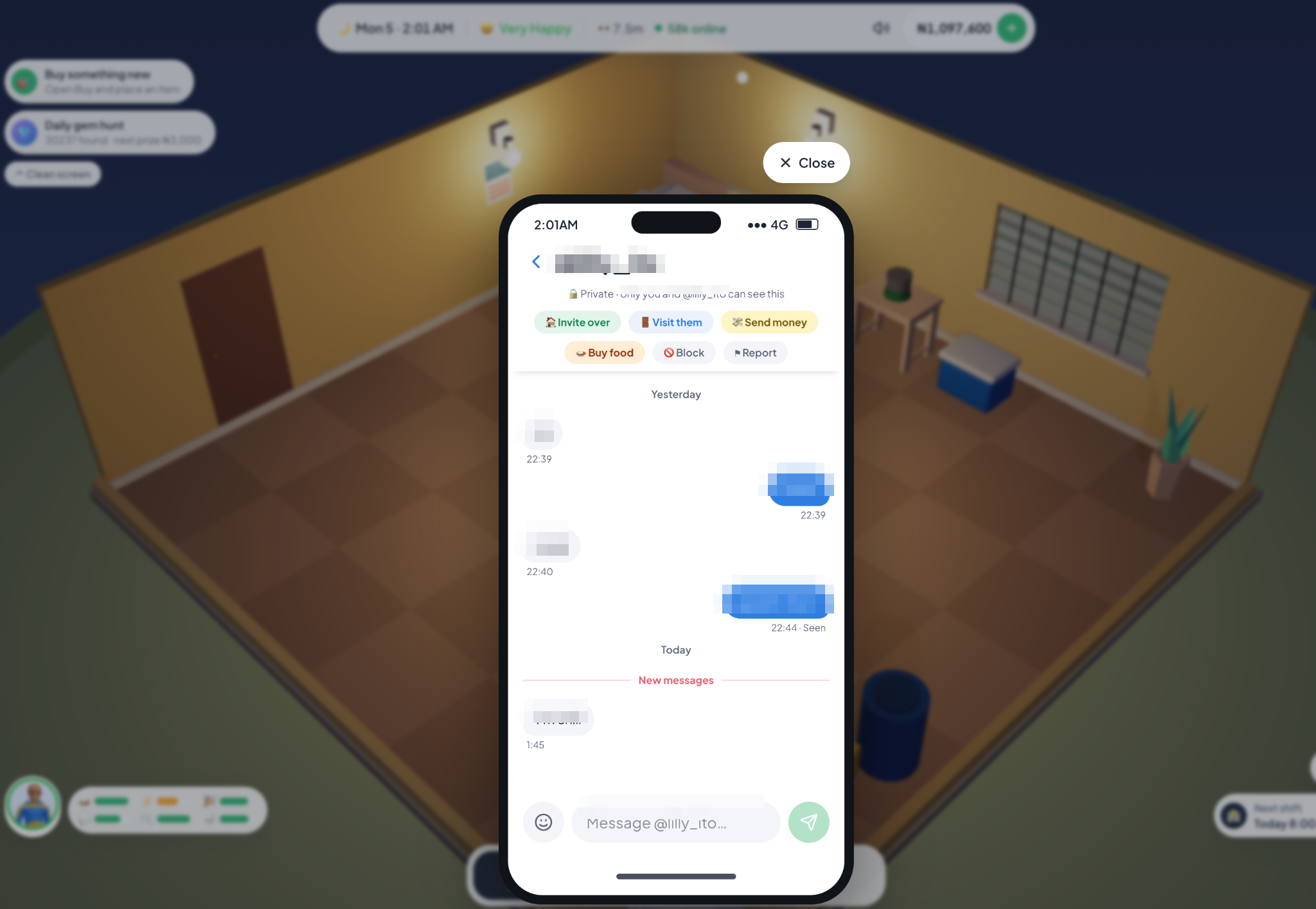 Privacy-blurred Lagos Life player chat with the Send Money option visible