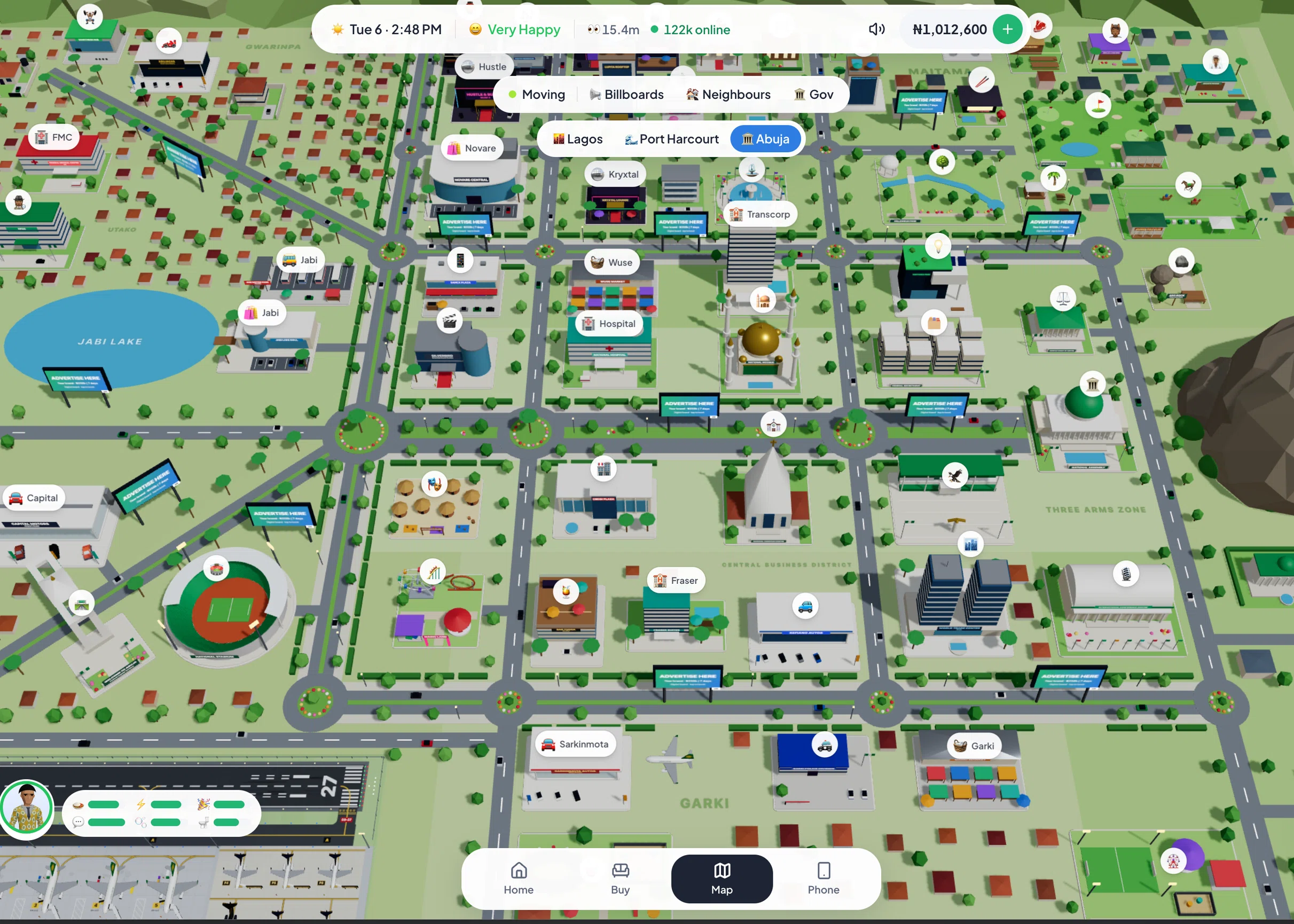 The Abuja map in Lagos Life, with roundabouts, Jabi Lake, Wuse and the Central Business District