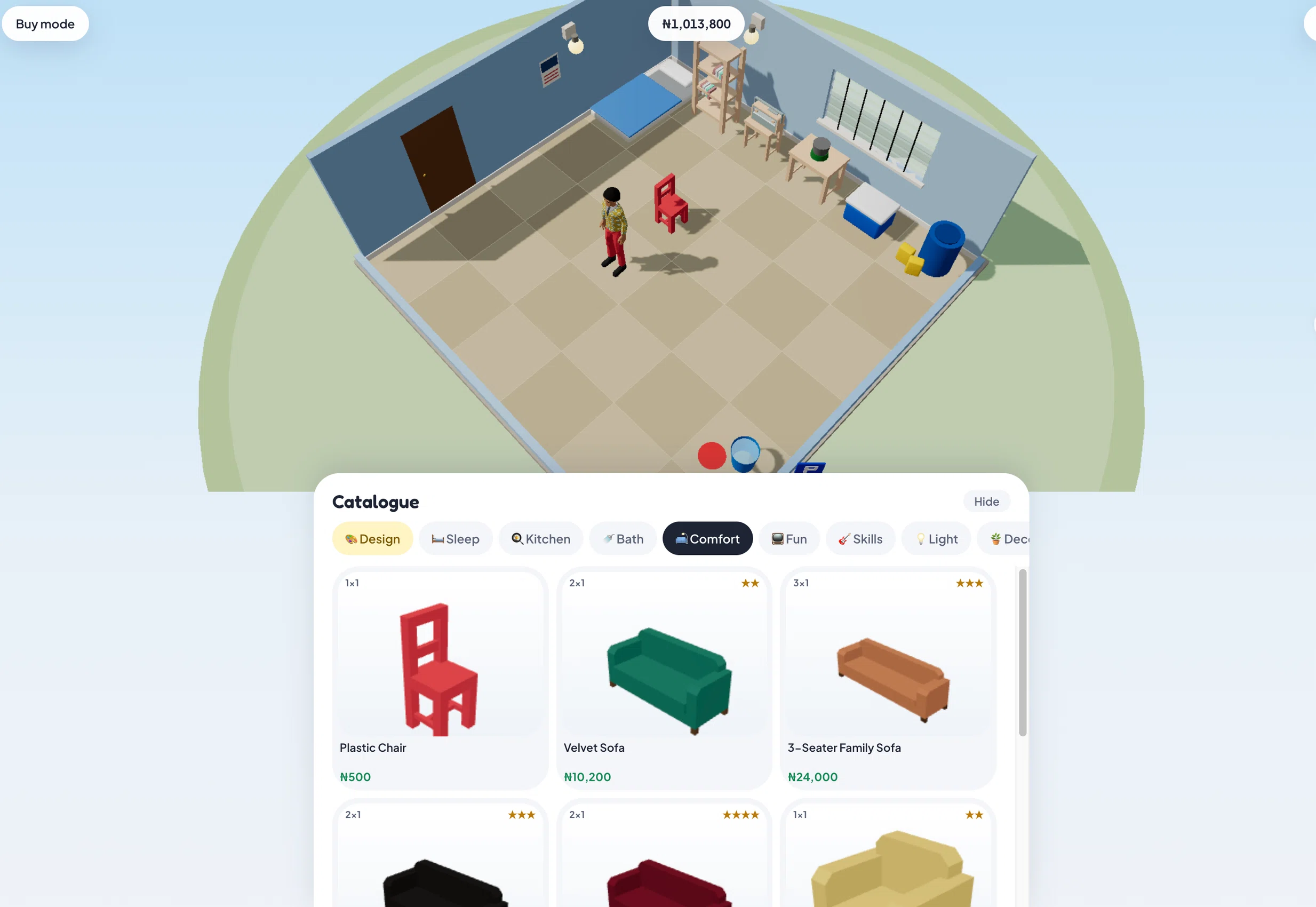 The Lagos Life Buy catalogue open in a room, with the Design, Sleep, Kitchen, Bath, Comfort, Fun, Skills, Light and Decor tabs above cards showing footprint, stars and price
