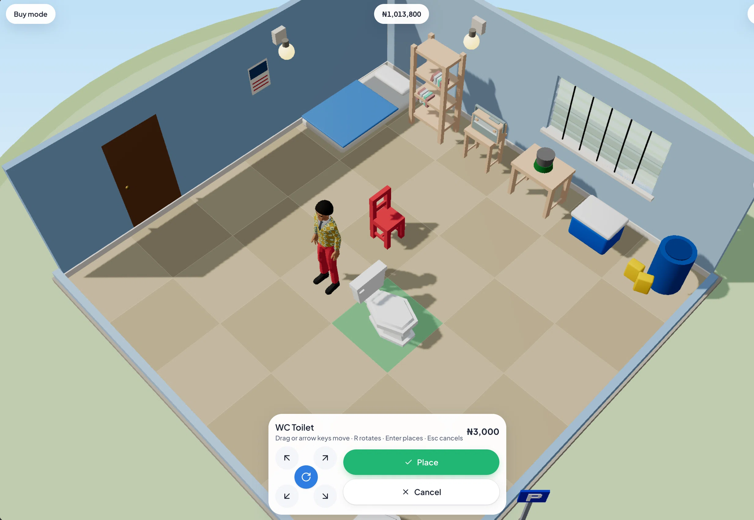 Placing a WC Toilet in Lagos Life Buy mode, with a green highlight under the toilet and the Place and Cancel buttons below