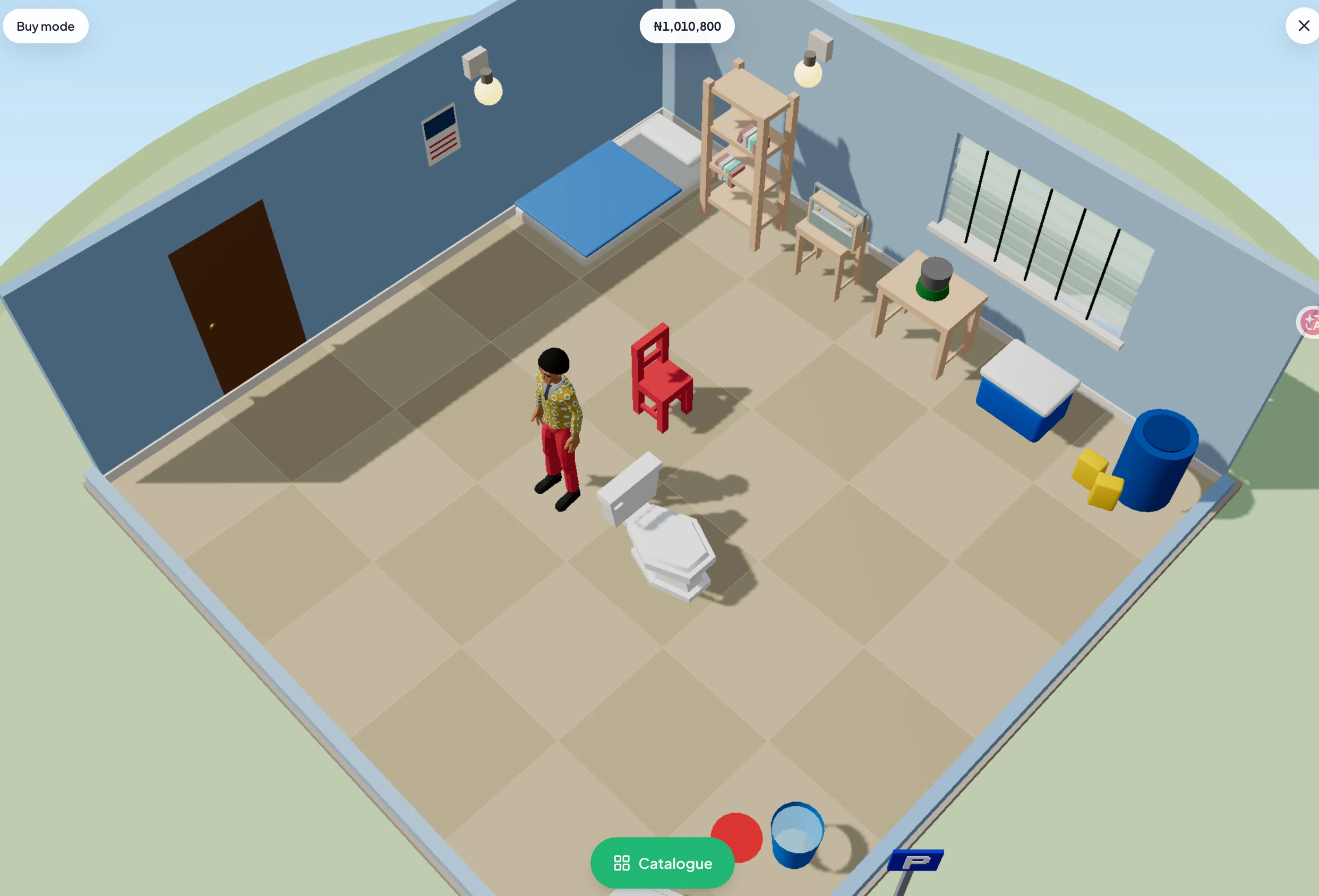 A Lagos Life room in Buy mode with a mattress on the floor, a bookshelf, a wall calendar, a plastic chair and kitchen things along the walls