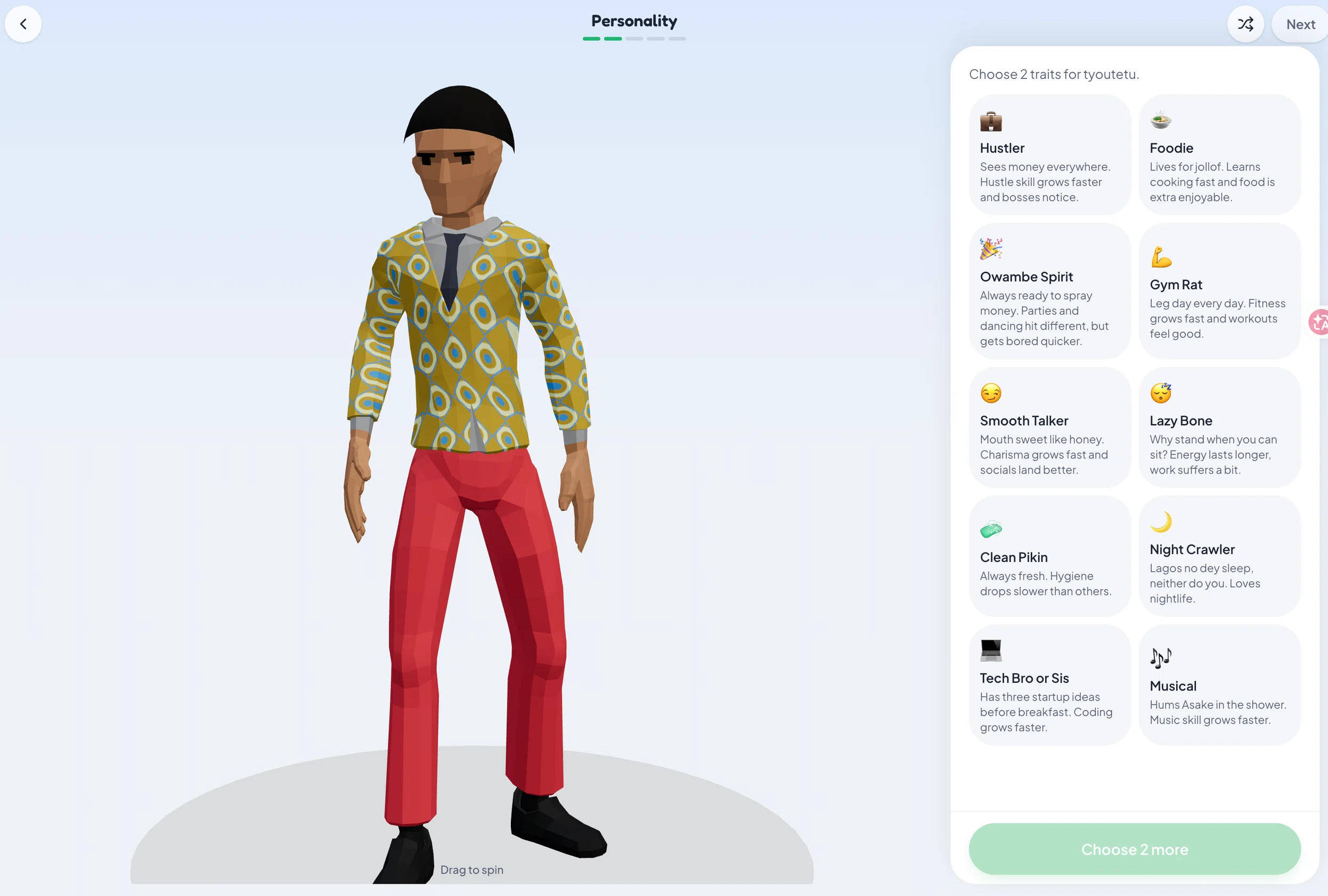 Lagos Life personality screen listing ten traits with two chosen