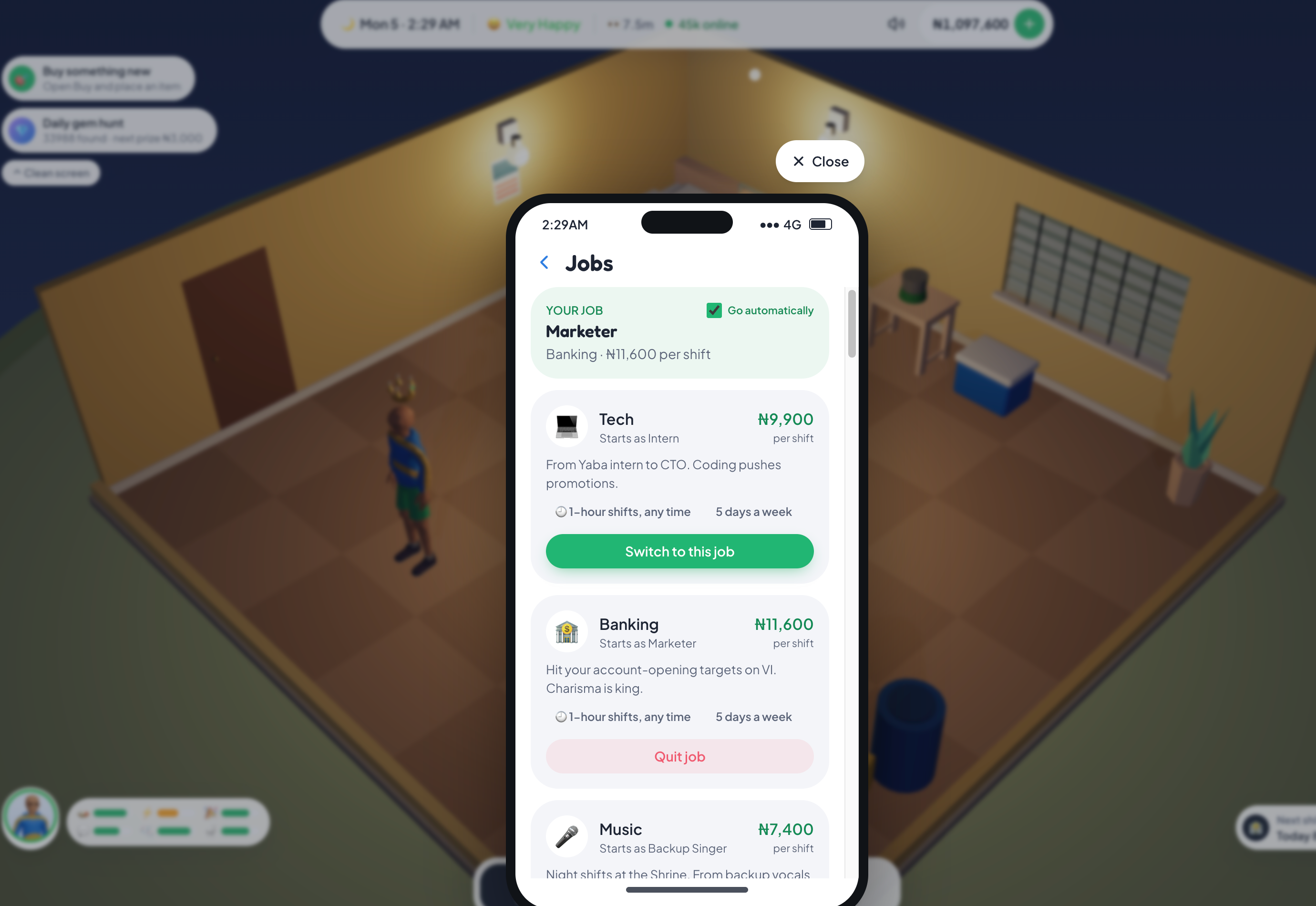 Lagos Life Jobs screen showing a current Banking job and Tech, Banking and Music career listings