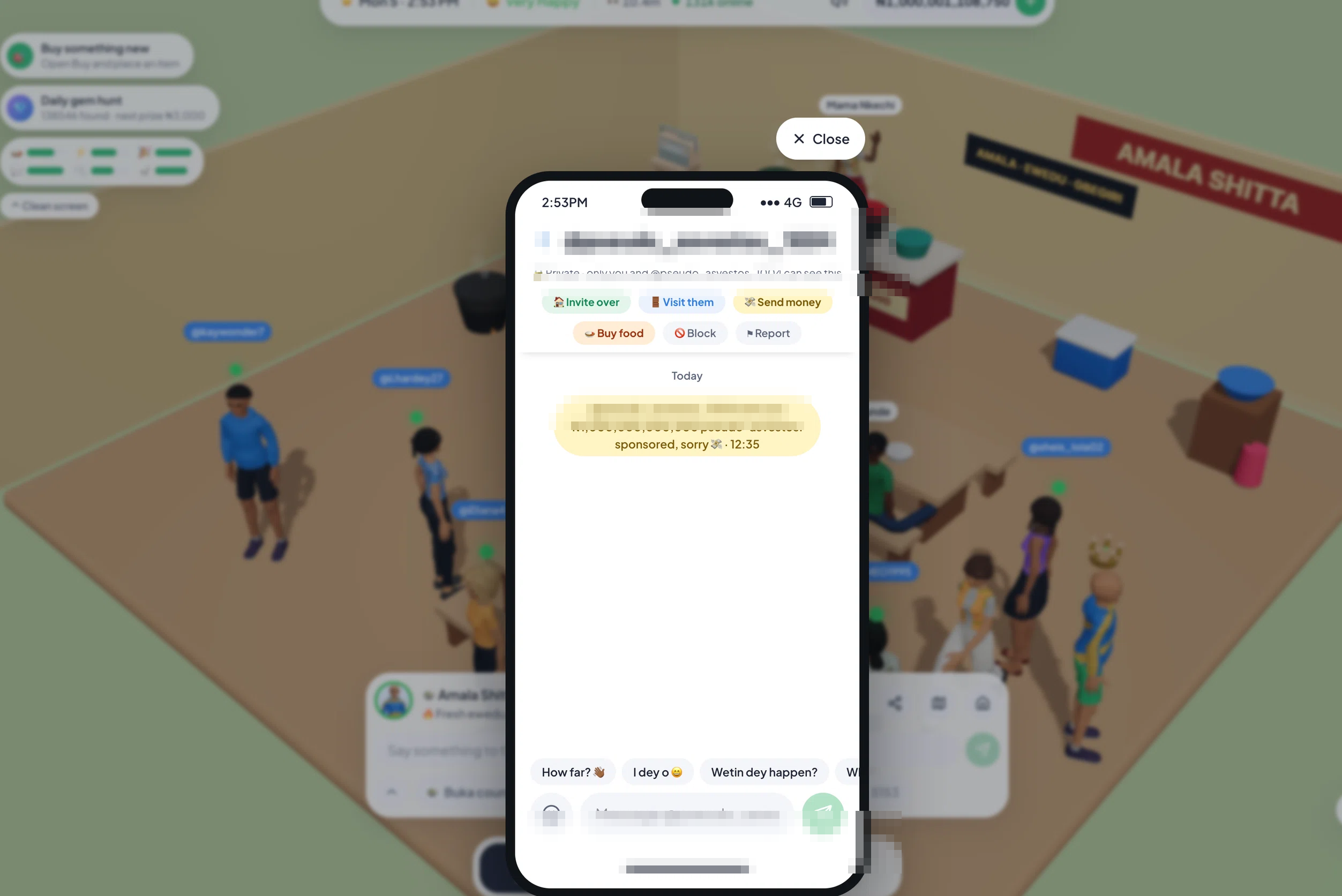 Lagos Life chat window showing another player sending money, with the sender's name masked
